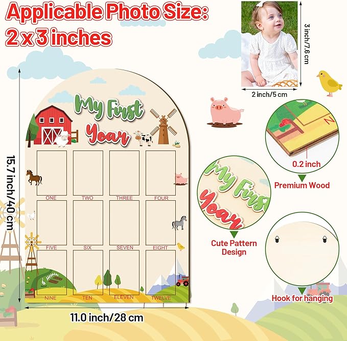 R HORSE My First Year Photo Display Wood Board - Baby’s First Year Picture Frame, 12 Months Milestone Board, 3D Farm Themed Neutral Baby Keepsake Gift One Year Old Birthday Nursery Decor for Girl Boy
