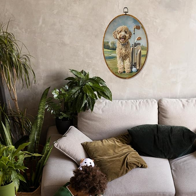 Hiuwevt Goldendoodle Golf Oval Wall Art Decor, Goldendoodle Gifts for Women Framed Canvas Prints, Rustic Golfing Dog Oval Wall Hanging Decor for Home Gym Sport Room Decorations, 8.6x11.4 Inches