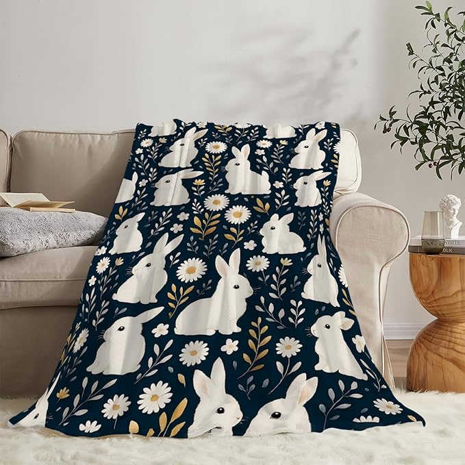 Rabbit Blanket Rabbits Flower Floral Throw Blanket Soft Cozy Fleece Fuzzy Plush Warm Stuff Bedding Farm Animal Nursery Toddler Baby Blankets Gifts for Boys Girls Kids Adult Men Women 40"X50"