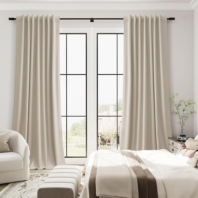 Guken Sand Linen Blackout Curtains for Living Room 120 Inches Long 2 Panels Set Textured Back Tab Room Darkening Thermal Insulated Soundproof Patio Curtains for Sliding Door Dune 52x120 10Ft