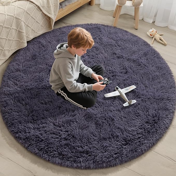 EVOIONOS Grey Purple Round Rug for Bedroom, 4x4 Ft Fluffy Soft Circle Area Rugs for Living Room, Plush Shaggy Circular Carpet Indoor Floor Bedside Kids Nursery, Machine-Washable Home Decor Aesthetic