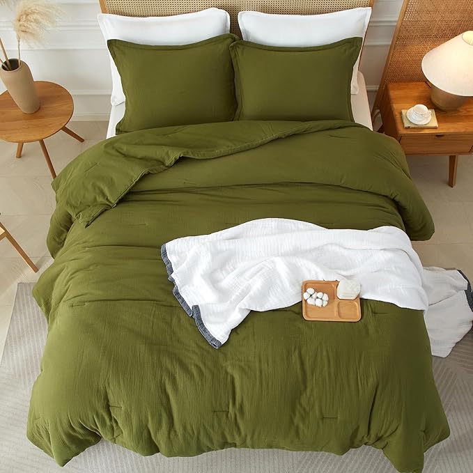 Muslin Comforter Set King Size, Cotton Cover & Polyester Filling, Breathable & Linen Like & Suitable for All-Season Use,3 Pieces(1 Comforter 104"x90", 2 Pillow Shams 20"x36"), Olive Green
