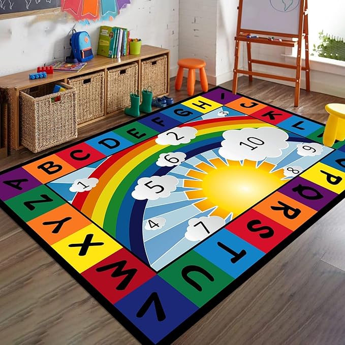 Kids Area Rug for Playroom,6x8ft,Educational Learning Numbers Letters ABC Rainbow Clouds Sun Patterned Preschool Rug Durable and Machine Washable Mats for Children's Room Playmat
