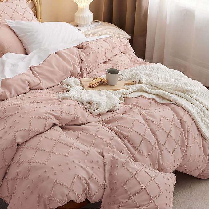 Bedsure Boho Duvet Cover Queen Size - Pink Breathable & Soft Boho Bedding, Machine Washable Comforter Cover for All Seasons, Includes 1 Duvet Cover 90"x90" with 2 Pillow Shams & Zipper Closure