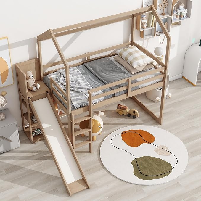 Flieks Twin Size Wood House Loft Bed Frame for Boys Girls Kids Adults Toddler with Slide, Storage Shelves and Light, Climbing Ramp, Wood Color
