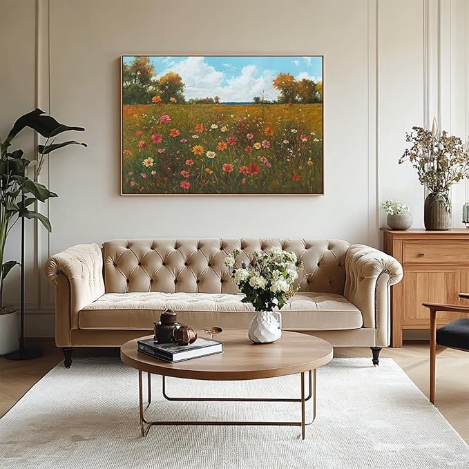 OIQArtOIQ Vintage Landscape Framed Wall Art Fall Countryside Colorful Wildflower Field Canvas Art Prints Farmhouse Cottagecore Pictures Wall Decor Rustic Meadow Paintings Artwork For Kitchen Bedroom