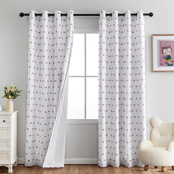 MYSKY HOME 100% Blackout Curtains for Girls Bedroom 80 Inches Long Total Light Blocking Curtains for Living Room 2 Panels Grommet Room Darkening Window Drapes with Purple Pom Pom Sheer 52W x 80L