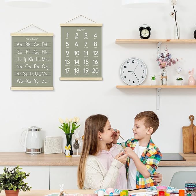 BONETAT Numbers alphabet poster for Nursery Toddlers, Play Room Wall Decor, ABC Wall Chart, Wall Hanging Decor for Toddler Playroom Decor Kids Wall Decor, Wooden Frame Alphabet Banner-A06