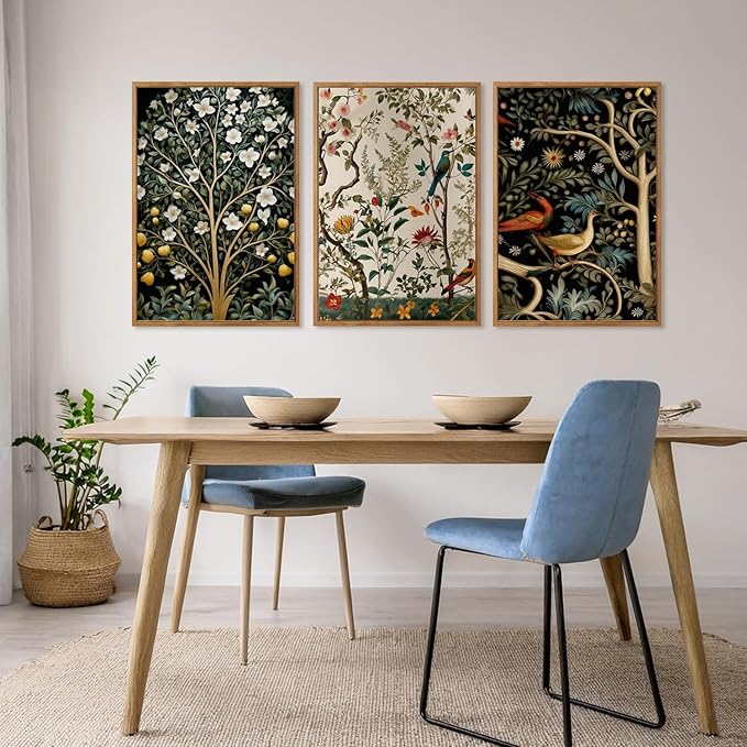 MTFBWY Vintage Botanical Wall Art Set of 3 – Framed Bird and Flower Canvas Modern Art Prints, Nature Tree Triptych Painting, Whimsical Gallery Wall Decor for Living Room Bedroom Office, 16L x 12W