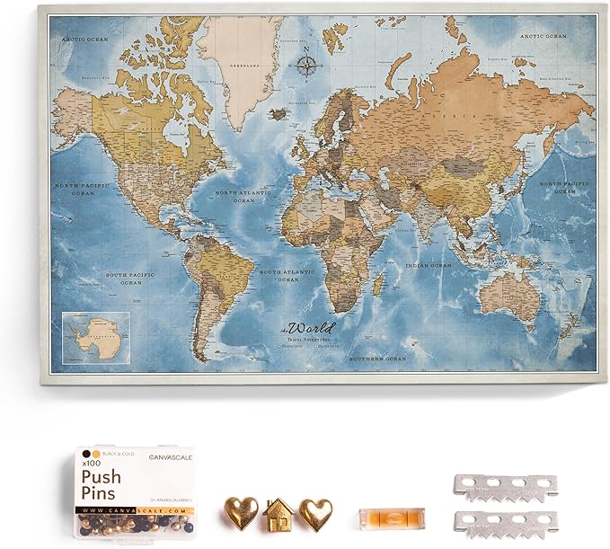 Canvas World Map with Cork Pin Board - English Lettering - Decorative Wall Decoration for All Rooms - Canvas Pictures with World Map Motif (90x60 cm, Pattern 15)