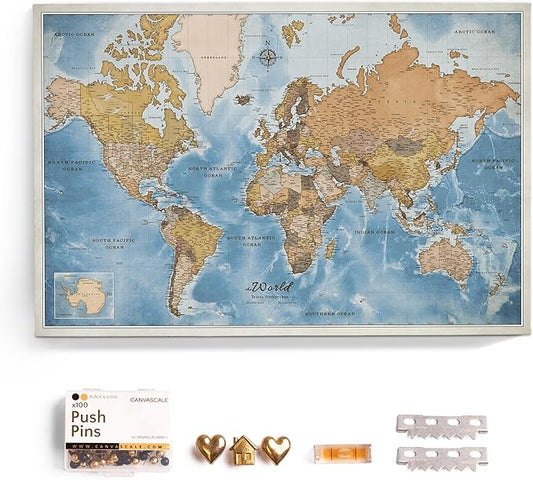 Canvas World Map with Cork Pin Board - English Lettering - Decorative Wall Decoration for All Rooms - Canvas Pictures with World Map Motif (90x60 cm, Pattern 15)
