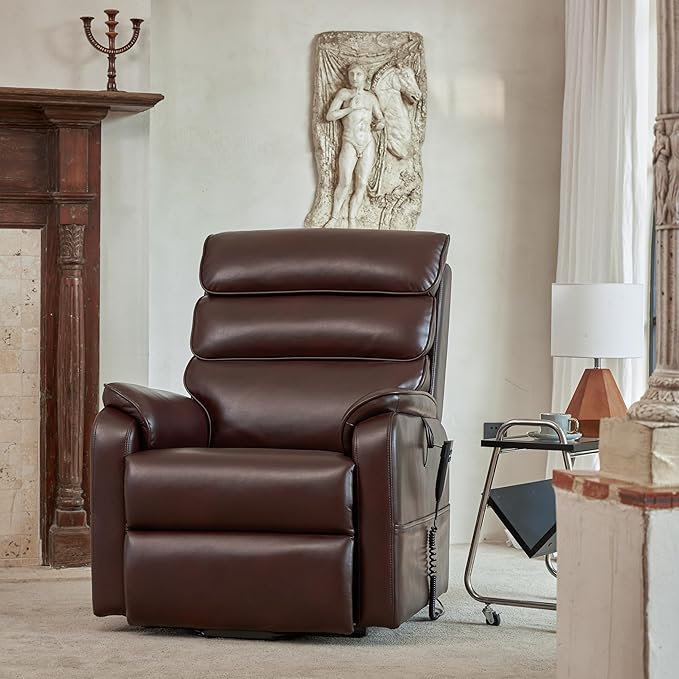 DYNOX 350 LBS Power Lift Recliner Chair for Elderly, Medium Size Dual Motor Lay Flat Infinite Positions Recliner with Heat & Massage(9188,Faux Leather,Brown)