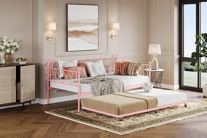 Daybed with Trundle, Trundle Bed Twin with Heart-shaped Headboard for Kids, Sturdy Metal Day Bed with Steel Slat Support, Twin Daybed for Living Room, Bedroom and Guest Room, Easy Assembly, Pink