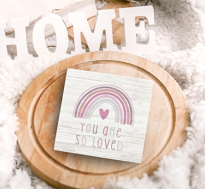 SRADMO You Are So Loved Rainbow Heart Wood Box Sign Desk Decor, Pink Decor Kids Inspirational Quotes Wooden Block Box Sign Decoration for Kids Room Nursery Playroom Shelf Table Decorative Accessories