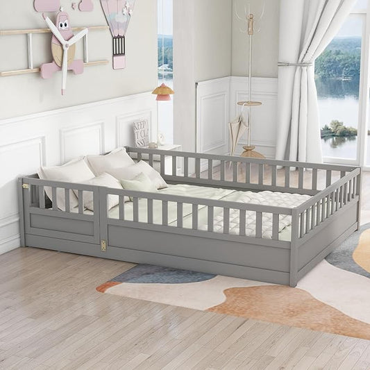 GDFStudio Full Size Floor Bed Frame with Opening Door & Guardrails, Montessori Toddler Full Bed Frame for Boys Girls, Wooden Low to Floor Bed Rails for Toddlers, Support Slat, Grey