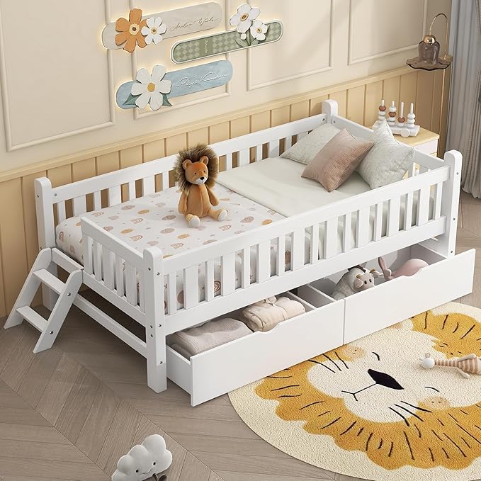 Wood Twin Size Platform Bed with Guardrail and 2 Drawers, Kids Bed with Ladder, Kids Montessori Style Bed Frame for Girls Boys (White)