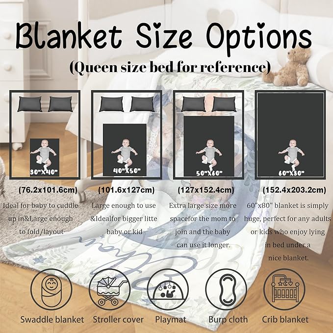 J&SBGFT Personalized Baby Blanket for Boys, Custom Blanket with Name, Receiving Blankets for Toddlers Kids, Nursery Stroller Crib Decor Throw 30"x40", Color 8