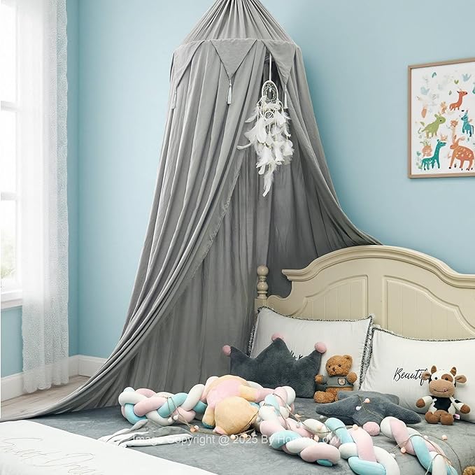 Princess Bed Canopy for Girls, Dreamy Tassels Ceiling Canopy Net Kids Room Decor Soft Canopy Reading Nook, Extra Large Canopies Full Queen Size with Lights - Grey