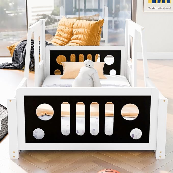 Twin Size Classic Car-Shaped Platform Bed with Wheels, 77.4" L x 41.7" W x 32" H White
