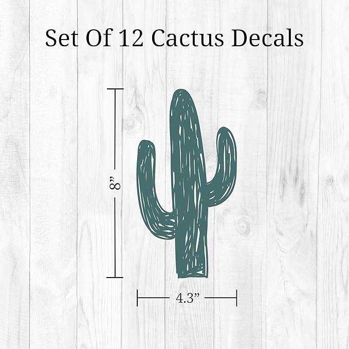 Cactus Wall Decals - Set of 12 8" Vinyl Wall Stickers for Nursery Bedroom Kitchen Classroom Decor Removable Peel and Stick Indoor Western Decor