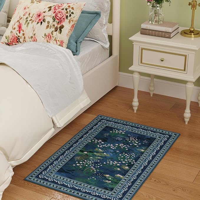 Rugcomf 2x3 Rug Impressionist-Style Vintage Indoor Door Mat Machine Washable Small Area Rug Non-Slip Low Pile Throw Rugs for Entryway Kitchen Front Door Indoor Entrance Entry Kids Room, Blue