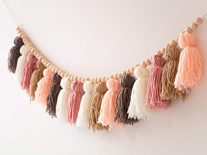 Decocove Tassel Garland - Boho Tassel Garland with Wood Beads - Wall Decor for Dorm, Girls Room and Nursery Room (43 inch) - Blush and Terra Cotta