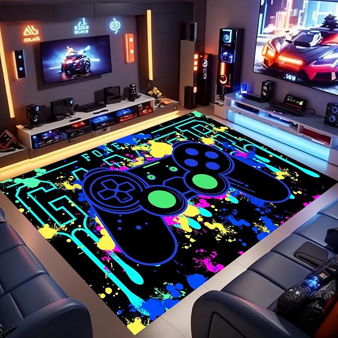 6x9ft Game Area Rug for Boys Room Color Painting 3D Printing Gamepad Carpet Cool Low Pile Design Video Game Rugs for Children's Bedroom Large Non-Slip Playroom Mat