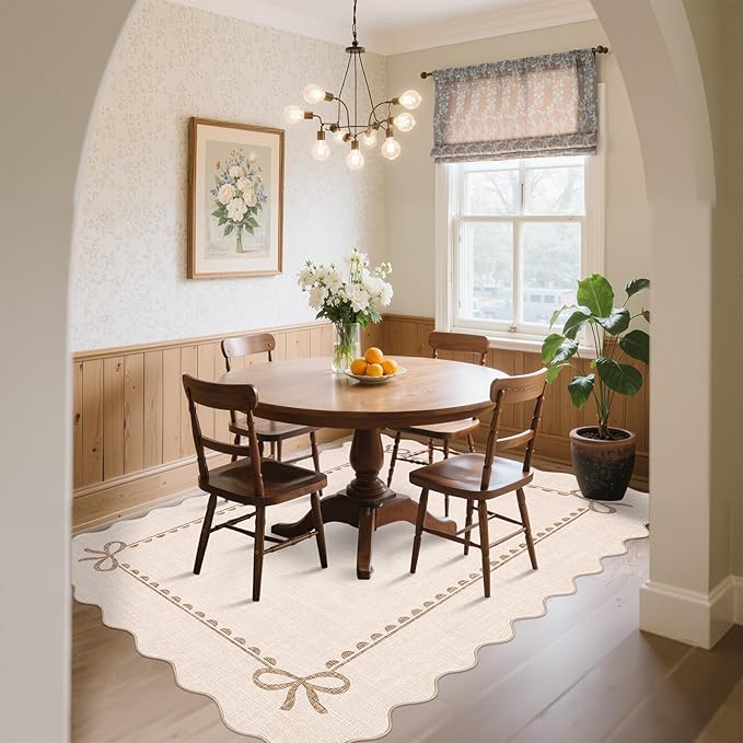 GarveeHome Scalloped Bow Rug for Living Room, Solid Beige Rug for Dorm, Washable Rugs 8x10 Soft Low Pile Non Slip Scalloped Rugs for Nursery College Bedroom Decor Kids Room Playroom