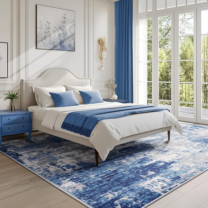 Washable Area Rugs Square 7ft Non-Slip Modern Abstract Soft for Living Room Entryway Bedroom Nursery, Print Pattern, Blue Grey Navy Gray