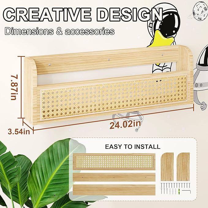 Wooden Rattan Wall Shelf - 24’’ Nursery Hanging Book Shelves for Wall, Picture Ledge Wicker Shelf, Boho Decorative Shelves for Netural Nursery Decor, Floating Rattan Shelf for Office,Bedroom