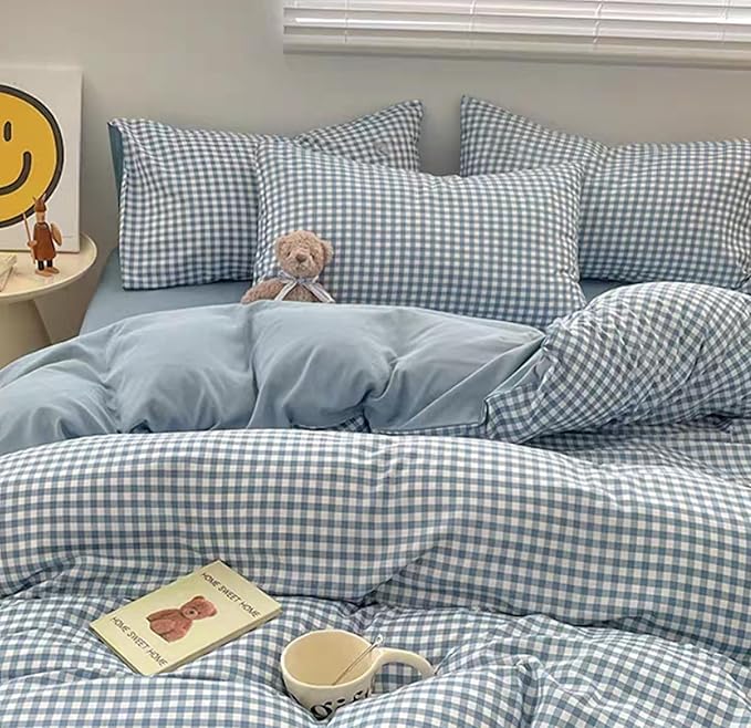 Gingham Duvet Cover Queen Size Blue Striped Bedding Set 3Pcs Kids Boys Girls Geometric Stripes Grid Lattice Soft Breathable Microfiber Comforter Cover with 2 Pillowcases