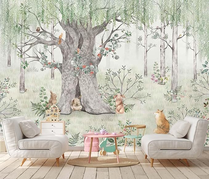 Green Forest Wallpaper Fox Pine Mouse Big Tree Mural for Children's Room Living Room Bedroom (Not Self-Adhesive)