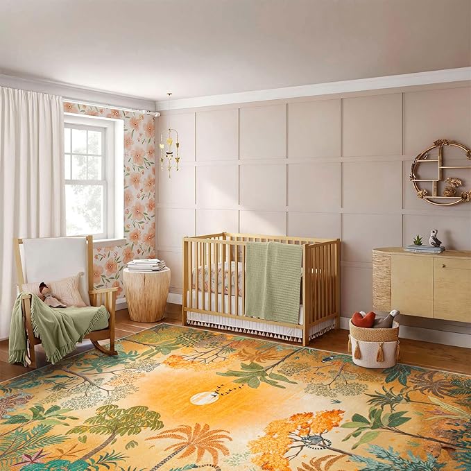 Lahome Fall Jungle 5x7 Autumn Rug for Living Room Bedroom Machine Washable Carpet, Soft Sunset Kids Rugs for Playroom, Forest Rug Non Slip Non Shedding Orange Indoor Carpet for Nursery Office