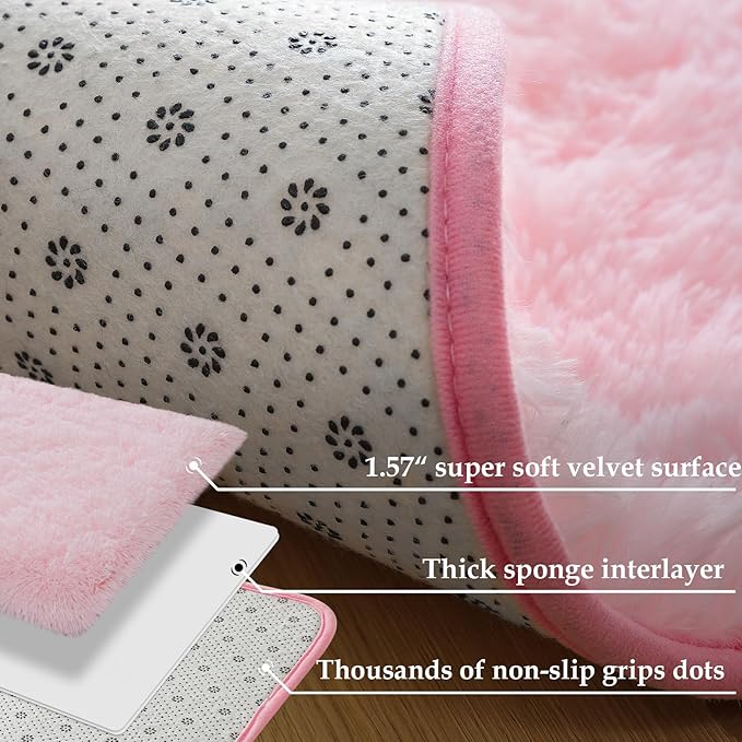 Merelax Soft Fluffy Rugs Pink Girls Bedroom Nursery Rug, 2x4 Small Shaggy Non-Slip Bedside Rug for Dorm Kids Room Carpet, Plush Furry Area Rugs Livingroom Accent Floor Indoor Holiday Decor