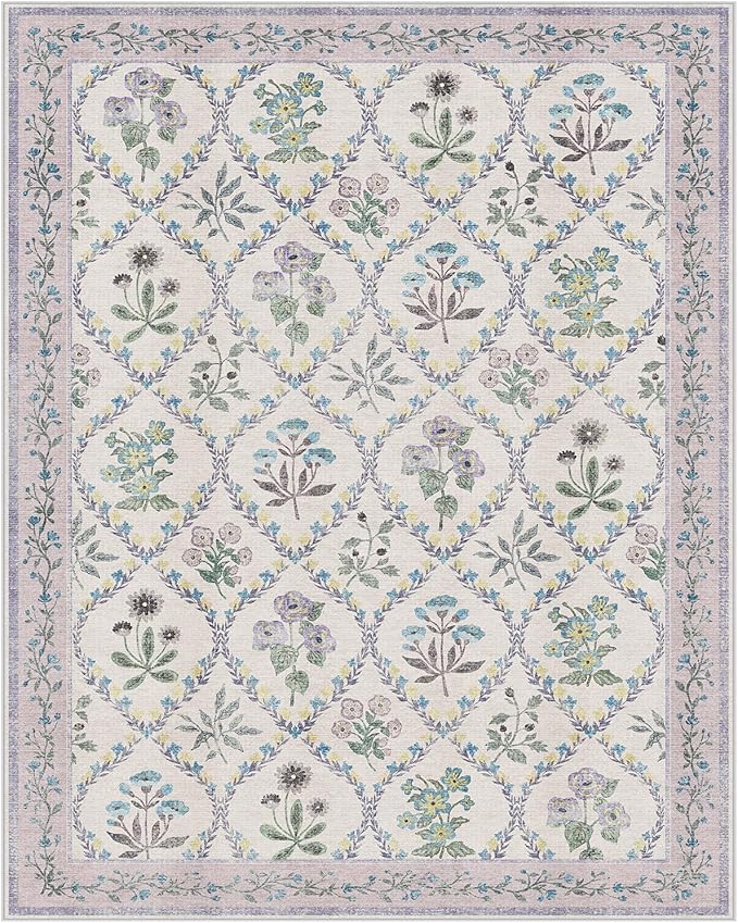 Purple 8X10 Rugs for Living Room, 8x10 Floral Washable Area Rug Non Slip, Soft Boho Indoor Decor Elegant Carpet for Bedroom Kids Room Nursery Dining Room, Purple Grey