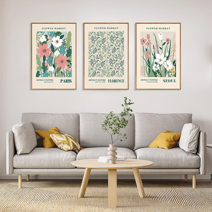 HLNIUC Flower Market Wall Art Prints, Boho Floral Wall Decor, Large Matisse Sage Green 24"x36" Framed Art Set of 3, Abstract Colorful Botanical Painting for Living Room, Bedroom, Office