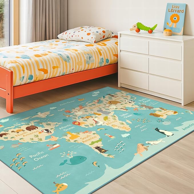 4x6 World Map Kids Rug with Animals – Educational Washable Play Mat for Toddlers, Cute Global Animal, Featuring Continents & Native Wildlife Carpet for Bedroom or Classroom - Blue