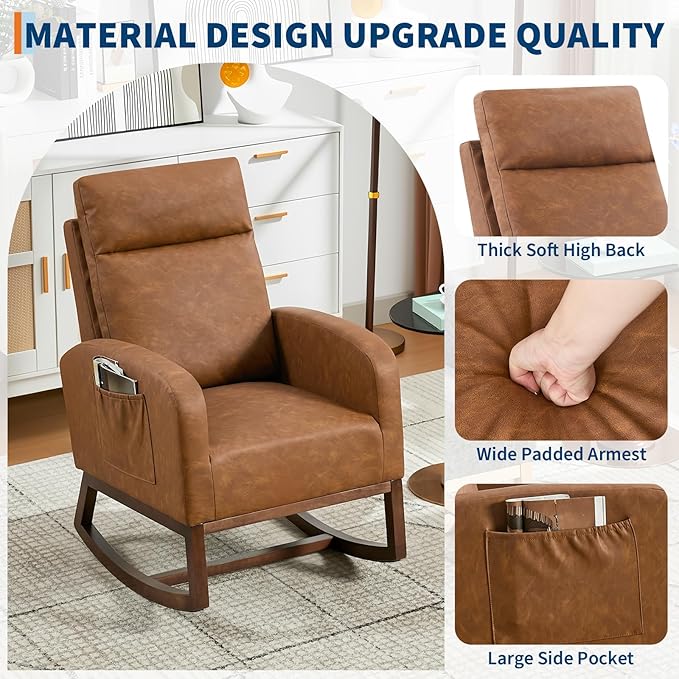 Rocking Chair Nursery, Modern Upholstered Glider Rocker with Side Pocket, Upholstered Lounge Chair with Solid Wood Base for Relaxin, for Living Room, Bedroom