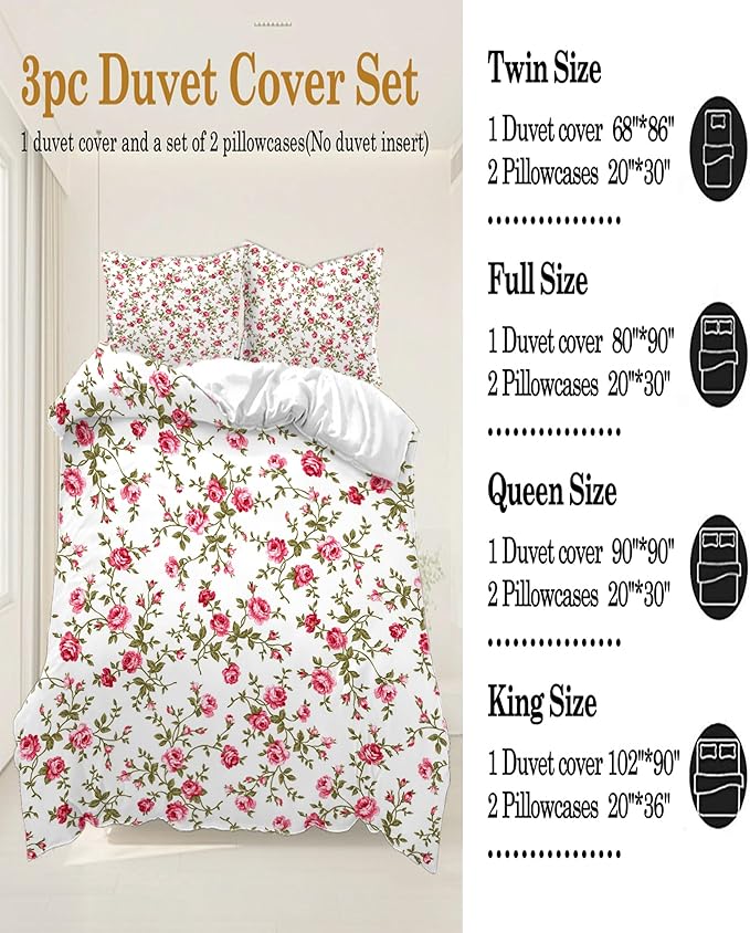 Pink Floral Duvet Cover Full Girls Garden Floral Bedding Set Vintage Style Aesthetic Flower Comforter Cover 1 Duvet Cover with 2 Pillowcases Flowers Botanical Duvet Cover with Zipper Closure