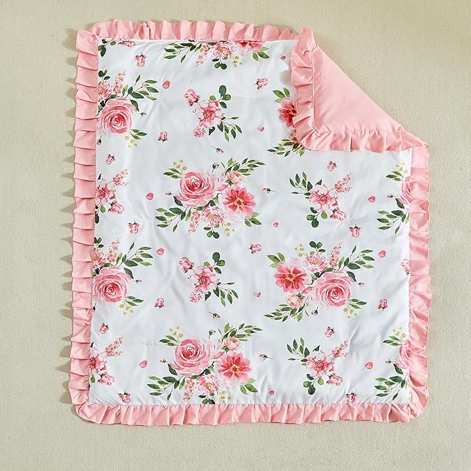 3 Pieces Flowers Crib Bedding Set Baby Ruffled Quilted Comforter with Fitted Sheet and Bed Skirt - Cute Ruffled Shabby Chic Baby Bedding Soft Blanket Floral Design