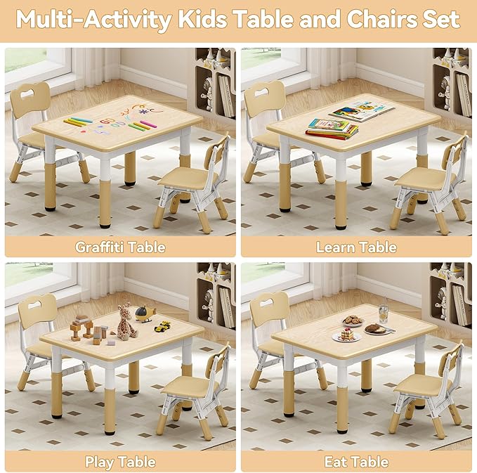 Kids Study Table and Chairs Set, Height Adjustable Toddler Table and Chair Set for Kids Ages 3-8, 31.5" L x 23.6" W Graffiti Desktop Plastic Children Art Table with 2 Seats, Brown