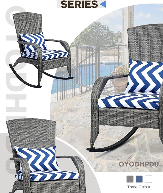 Outdoor Rocking Chair- Outdoor Glider Rattan Rocker Chair with Heavy Duty Steel Frame- All Weather Rocker Chair for Garden, Porch, Backyard, Poolside (Grey Rattan, 320lbs)