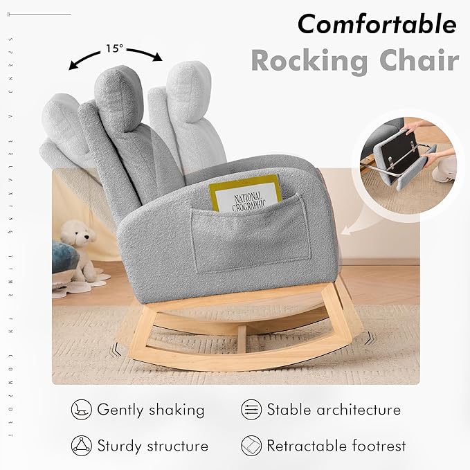 FOXHUNTER Rocking Chair for Nursery with High Backrest & Foot Rest-Nursery Rocking Chairs with Side Storage Pocket for Breastfeeding,Modern Glider Chair for Baby Bedroom,Living Room,Teddy Grey