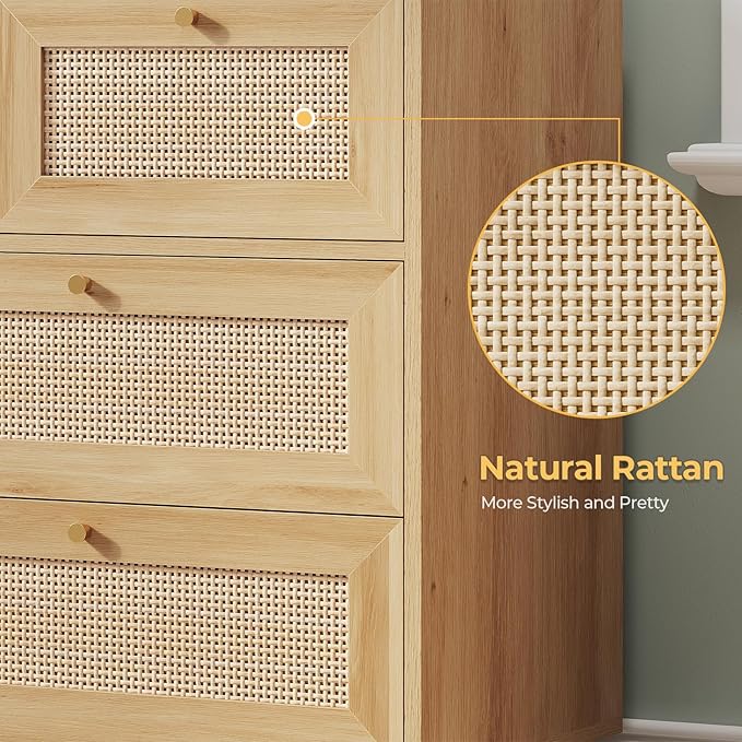 AOGLLATI Rattan Dresser for Bedroom with 7 Drawer, Modern Wooden Wide Bedroom Dresser, Chest of Drawers with Metal Handle & Solid Wood Legs for Bedroom/Living Room, Wood