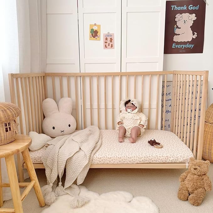 BuLuTu 2 Pack Muslin Fitted Portable/Mini Crib Mattresses Sheets 38"x26", Soft Cotton Pack and Play Mattress Sheets Fitted for Pack N Play, Machine Washable, Beige & Camellia