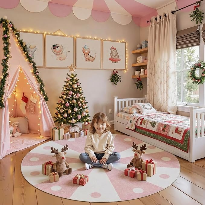 jinchan 5ft Round Rug Light Pink Washable Fun Cute Playroom Mat Non Slip Cheerful Circle Cool Rug Soft Cozy Low-Profile Playful Carousel Throw Carpet for Kids Gift Teens Dorm Entryway Bedroom