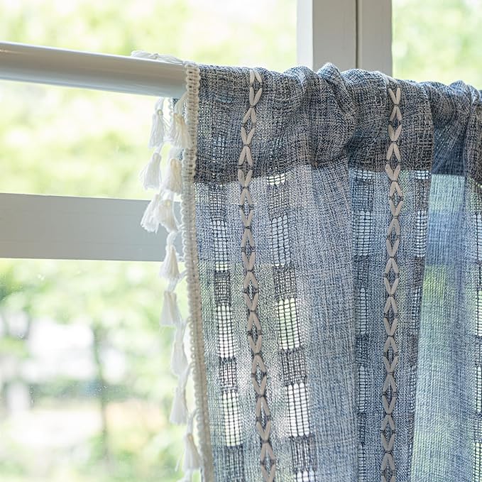 Deeprove Boho Valance Kitchen Short Curtain, Textured Striped Drape Semi Sheer Privacy Tier Embroidered Chic Window Treatment for Cafe Restaurant Closet, W52 x L18 inch Single 1 Panel Denim Blue