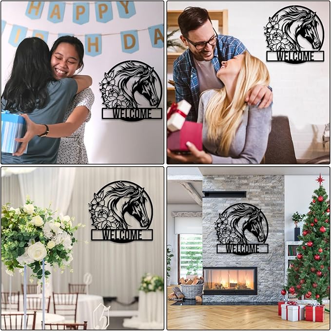 Personalized Horse Flower Wall Decor,Housewarming Gifts,Horse Silhouette Wall Art,Horse Flower Metal Ranch Sign, Animal Signage, Farmhouse Garden Wall Outdoor Decor