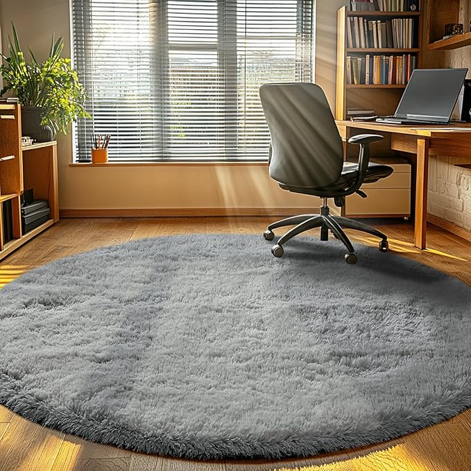 CAIYUECS Grey Round Fluffy Rug for Bedroom: Grey 5x5Feet Soft and Fluffy Area Rug for Living Room- Circle Fuzzy Bedroom Rugs- Gray Furry Plush Rug for Kids Room, Nursery (5ft, Gray)