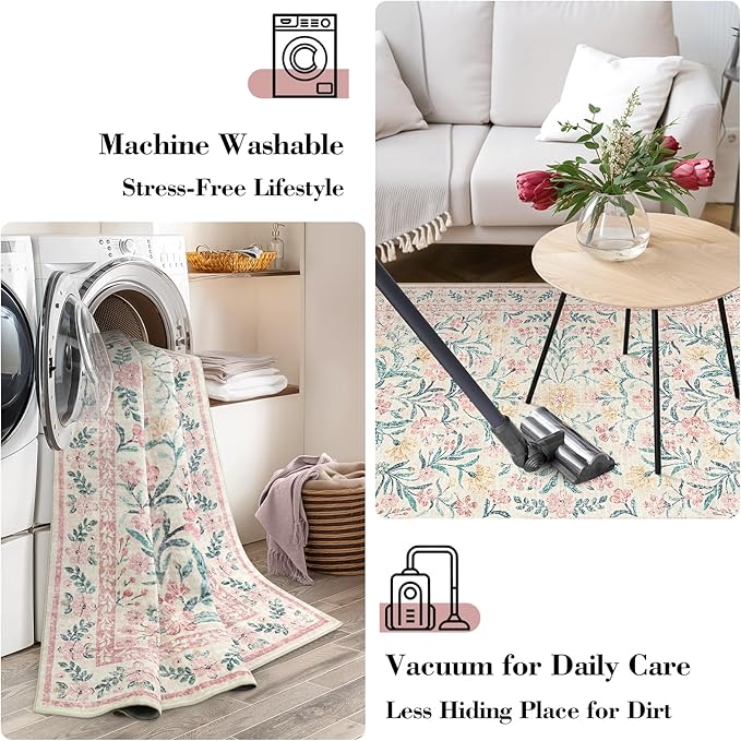 Wonnitar Pink Rugs for Bedroom Girls, 5x7 Washable Rug for Nursery Decor, Boho Soft Floral Carpet Non Slip, Indoor Ultra-Thin Floor Carpet for Baby Kids Room Living Room Dorm